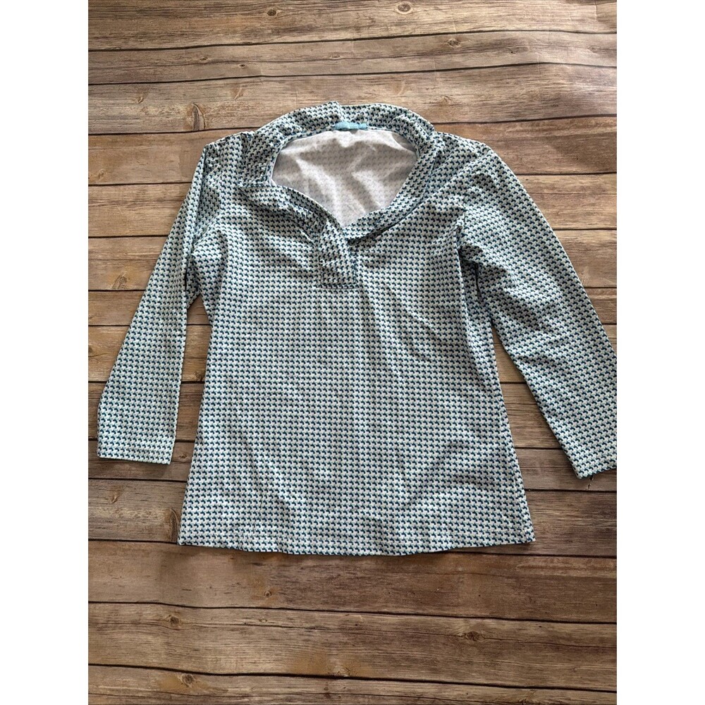 J. McLaughlin Collar Top Womens XS Blue 3/4 Sleeve Stretchy Shirt Herringbone